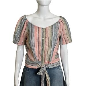 Anthropologie Drew Size S Top Tie Waist Stripes shirt Sleeve Linen Blend Blouse